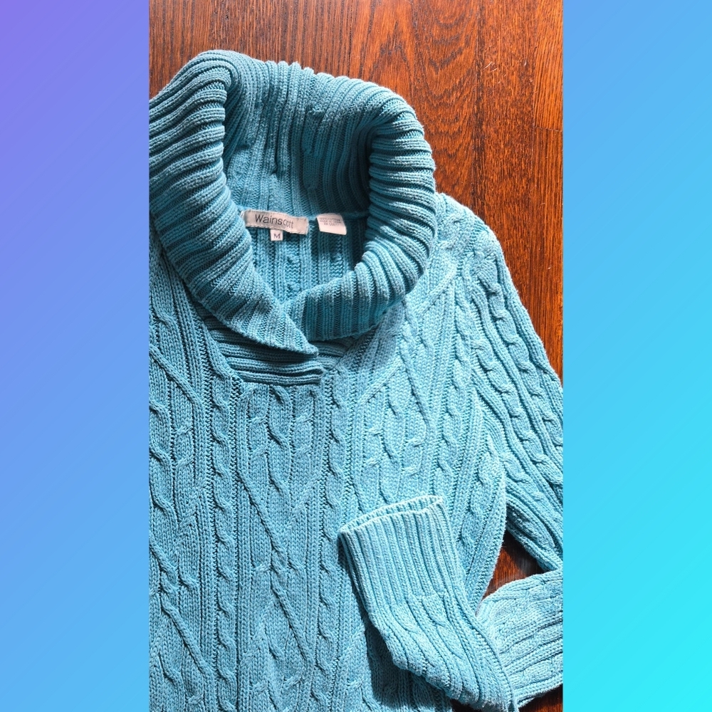 Wainscott Teal Cable Knit Shawl Collar Preppy Cotton Sweater Size M - Picture 2 of 5